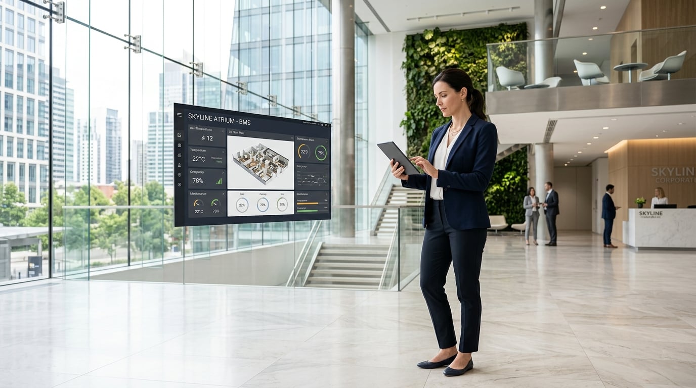 Facilities management professional reviewing building systems in a modern atrium