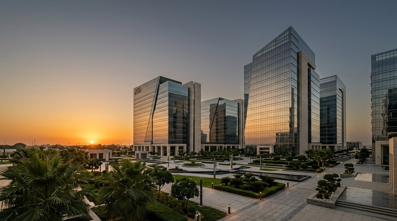 Prestigious Gulf business park at golden hour